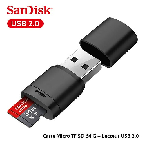 Carte Micro TF SD classe 10 SanDisk 64 G + Lecteur USB 2.0 - originale, carte mémoire pour Smartphone Tablette Caméra Surveillance