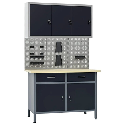 Helloshop26 Etabli 120 cm et 3 panneaux muraux et 1 armoire table de travail atelier gris noir 02_0003664