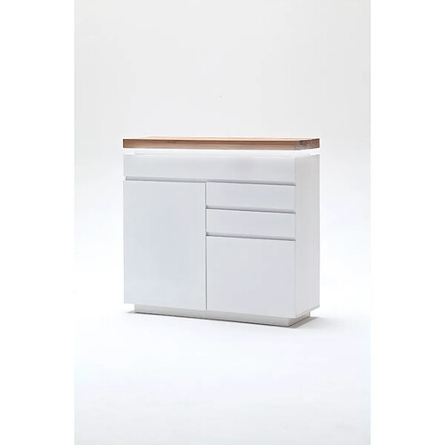 Pegane Buffet avec LED coloris laqué blanc mat avec plateau en chêne noueux huilé - L120 x H114 x P40 cm