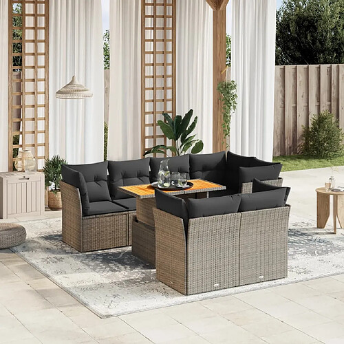 vidaXL Salon de jardin 8 pcs avec coussins gris résine tressée