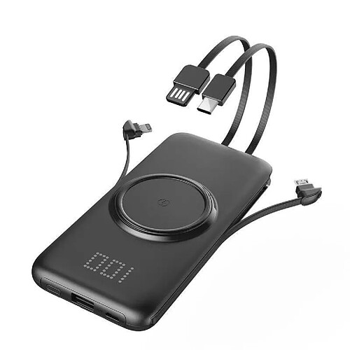 Chrono Chargeur sans fil portable QI 20000mah, banque d'alimentation ultra-mince avec câble intégré et affichage numérique caché, batterie sans fil 2 entrées 4 sorties, avec port adaptateur micro USB,(noir)