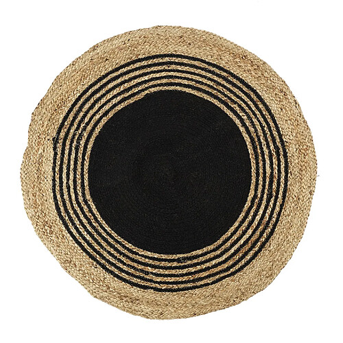 Toilinux Tapis rond en Jute et coton - Imprimé Noir - Diamètre 90 cm