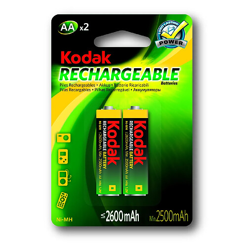 KODAK - Piles rechargeables - Ni-MH - AA / LR06 - 2600 mAh - pack de 2 - Multicolore