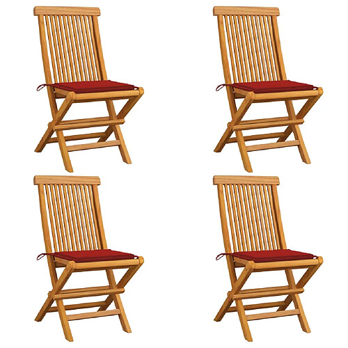 vidaXL Chaises de jardin et coussins rouge lot de 4 Bois teck massif