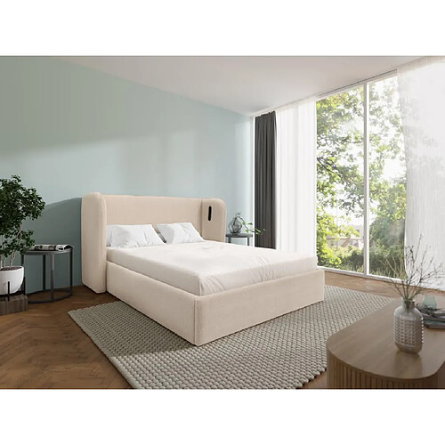 Vente-Unique Lit coffre 180 x 200 cm avec tête de lit incurvée - Avec LEDs - Tissu - Beige - STOKALI