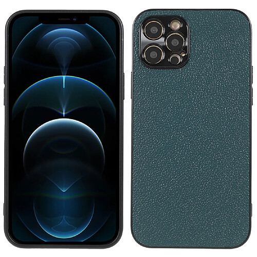 Coque en cuir véritable antichoc, texture litchi vert pour votre iPhone 12 Pro 6.1 pouces