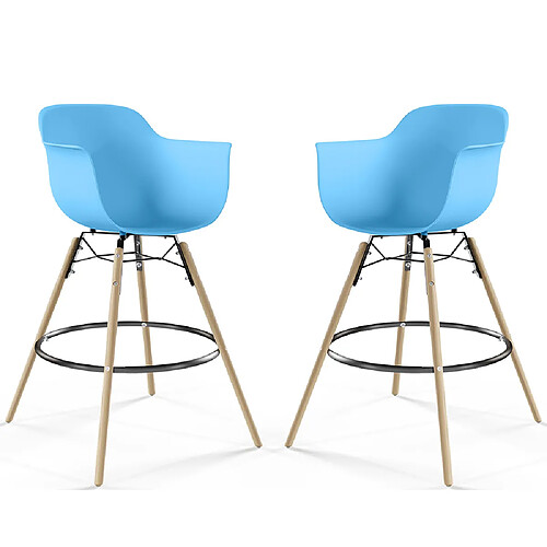 ICONIK INTERIOR Tabouret de Bar - Design Scandinave - Pieds en Bois - Lot de 2 - Nordika Bleu