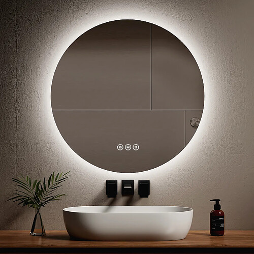 EMKE Miroir lumineux salle de bain rond diamètre 80cm, Miroir LED rétro-éclairage avec Interrupteur Tactile, Anti-buée, Miroir avec éclairage Lumière Blanche Froide/Neutre/Chaude