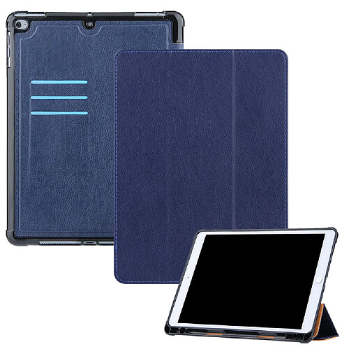 Etui en PU avec support tripliure et porte-stylo bleu pour votre Apple iPad 9.7 pouces (2018)/(2017)/Air 2/Air (2013)