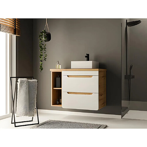 Vente-Unique Meuble de salle de bain suspendu simple vasque et niches - Coloris naturel et blanc - 80 cm - ARUBA