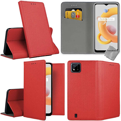 Htdmobiles Housse etui portefeuille avec coque intérieure en silicone pour Realme C11 2021 + verre trempe - ROUGE MAGNET