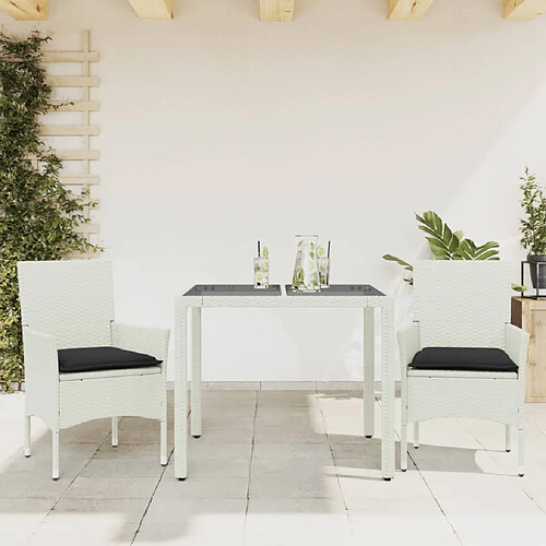 vidaXL Ensemble à manger de jardin et coussins 3 pcs blanc rotin verre