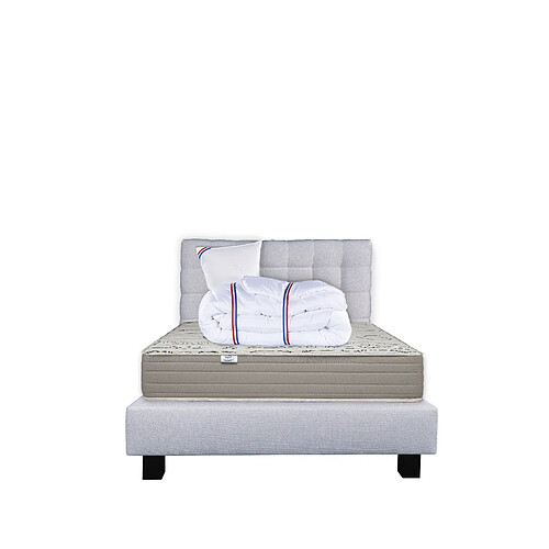 LUXURY LITERIE Ensemble matelas OrganicCoton 90x190 cm + sommier gris ep20cm + oreiller + couette + Tête de Lit