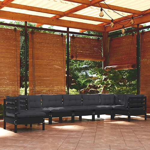 vidaXL Salon de jardin 8 pcs avec coussins Noir Bois de pin massif