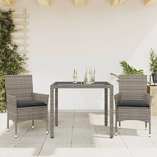 vidaXL Ensemble à manger de jardin et coussins 3 pcs gris rotin verre