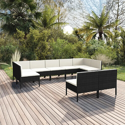 vidaXL Salon de jardin 9 pcs avec coussins Résine tressée Noir