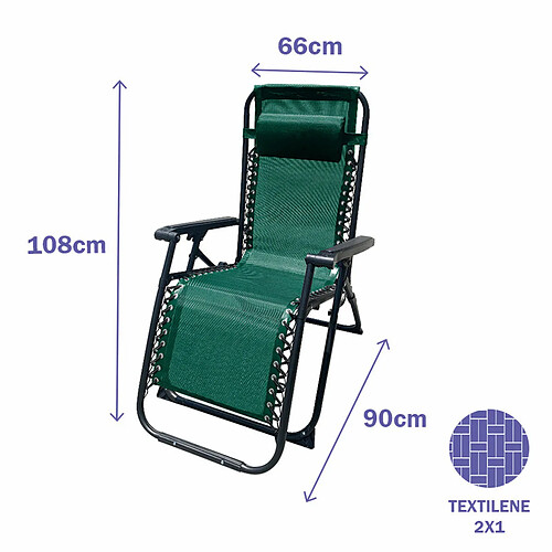 Marbueno Transat Pliant Acier avec Coussin Jardin et Piscine 90X66X108 cm Gravité Zéro Vert 10008 - Vert