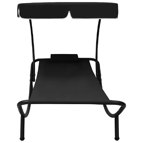 Helloshop26 Lit de repos transat chaise longue d'extérieur 200 cm avec auvent et oreiller noir 02_0012008