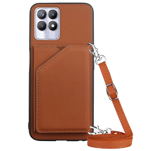 Coque en TPU + PU anti-griffes avec béquille, porte-cartes et bandoulière, marron pour votre Realme 8i