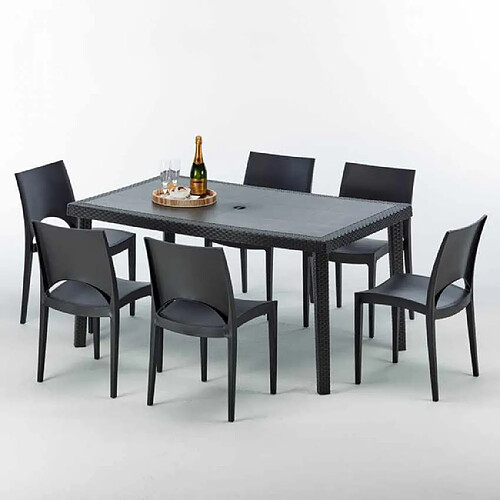 Grand Soleil Table rectangulaire et 6 chaises Poly rotin colorées 150x90cm noir Enjoy, Chaises Modèle: Paris Noir anthracite