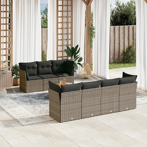 vidaXL Salon de jardin 8 pcs avec coussins gris résine tressée