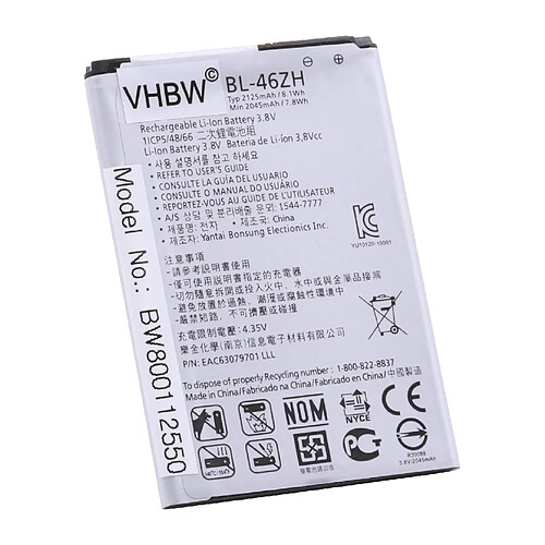 vhbw Li-Ion Batterie 2125mAh (3.8V) pour téléphone portable Smartphone LG K8, K8 4G, K89, LS675, LS675 Tribute, M1, M1V, MS330 comme BL-46ZH.