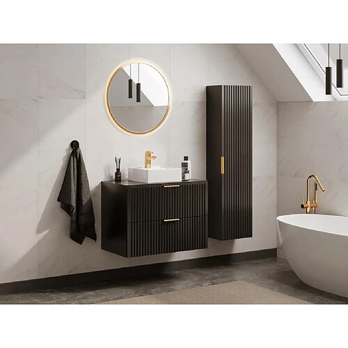 Vente-Unique Meuble de salle de bain suspendu strié avec vasque à poser et colonne - Noir - 80 cm - ZEVARA