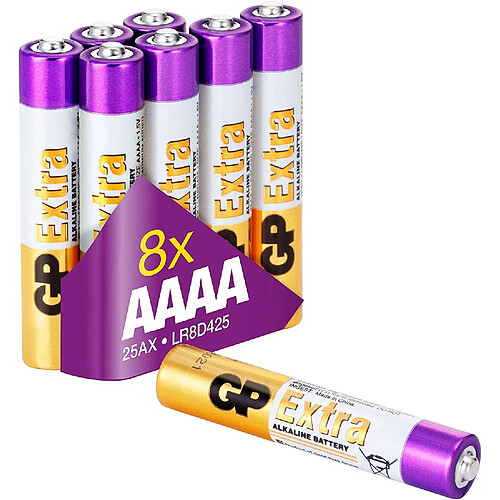 Piles AAAA - Lot de 8 Piles | GP Extra | Batteries alcalines LR8D425 - Utilisation dans stylos numériques, stylets, lumières laser