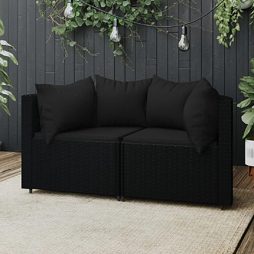 vidaXL Canapés d'angle de jardin et coussins 2pcs Noir Résine tressée