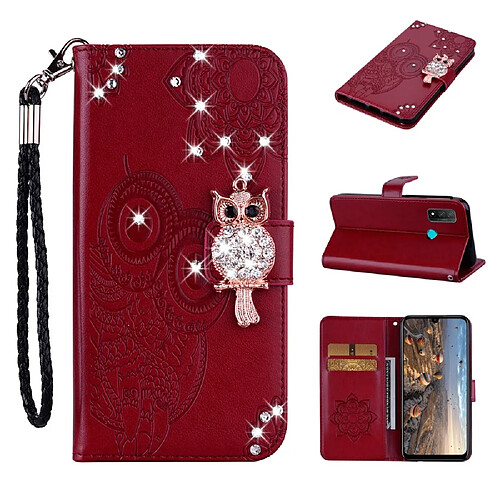 Etui en PU décor de strass imprimé hibou rouge pour votre Huawei P smart 2020