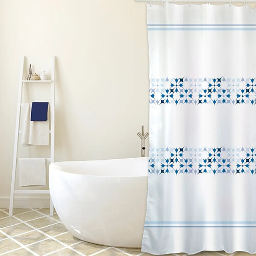 MSV Rideau de douche Polyester MALTA 180x200cm QUALITÉ PREMIUM Bleu & Blanc - Anneaux inclus