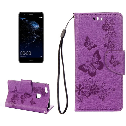 Wewoo Housse Étui Violet pour Huawei P10 Lite Papillons Gaufrage Horizontal en cuir Flip avec support & Slots de cartes Portefeuille & Longe