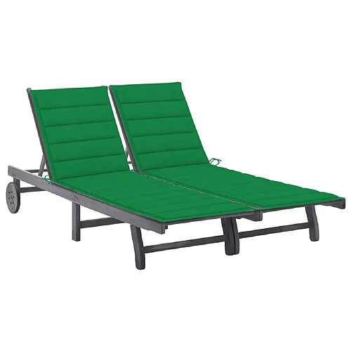 Helloshop26 Transat chaise longue bain de soleil lit de jardin terrasse meuble d'extérieur 2 places avec coussin gris acacia 02_0012227