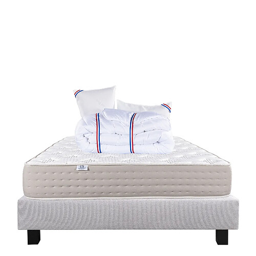 LUXURY LITERIE Ensemble matelas Dreamlux 140x200 cm + sommier gris ep20cm + 2 oreillers + couette