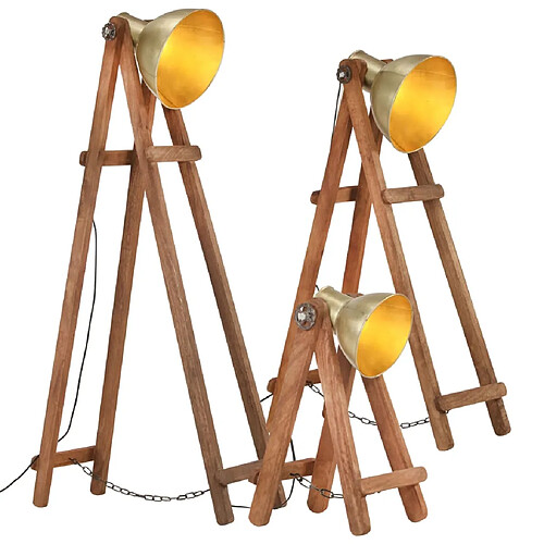 vidaXL Lampadaires 3 pcs Laiton E27 Bois de manguier massif