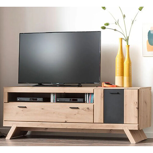 Pegane Meuble TV coloris chêne - Longueur 159 x Hauteur 65 x Profondeur 51 cm