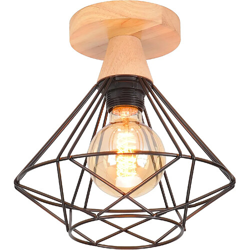 Stoex Plafonnier 22CM Vintage Luminaire E27 Rétro Lustre Suspension En Bois Et Fer Design Cage Noir Pour Entrée Couloir Chambre Cuisine