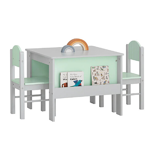 SoBuy KMB88-HG Ensemble Table Enfant avec 2 Chaises Enfants, Bureau Enfant avec 2 étagères à Livres latérales, Gris Clair et Vert Clair