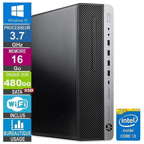 HP 800 G3 SFF i3-6100 3.70GHz 16Go/480Go SSD Wifi W10 · Reconditionné