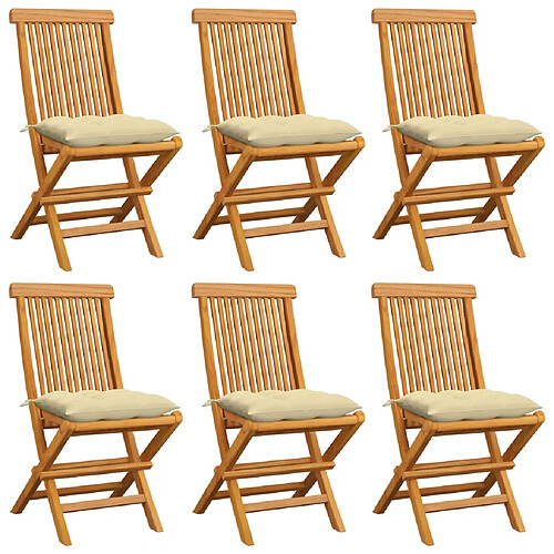 vidaXL Chaises de jardin et coussins blanc crème lot de 6 Teck massif