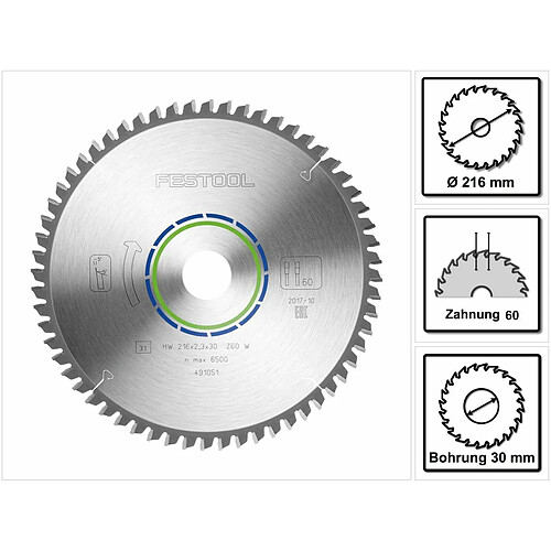 Festool HW 216 x 30 x 2,3 mm W60 Lame de scie circulaire spéciale ( 491051 ) 216 mm - 60 dents