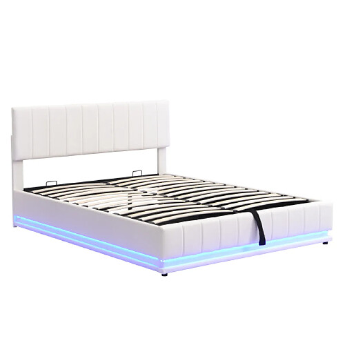 ComfortXL Lit double 160x200 cm LED, rangement hydraulique, blanc (sans matelas)