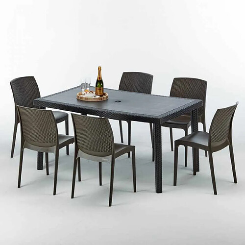 Grand Soleil Table rectangulaire et 6 chaises Poly rotin colorées 150x90cm noir Enjoy, Chaises Modèle: Boheme Marron Moka