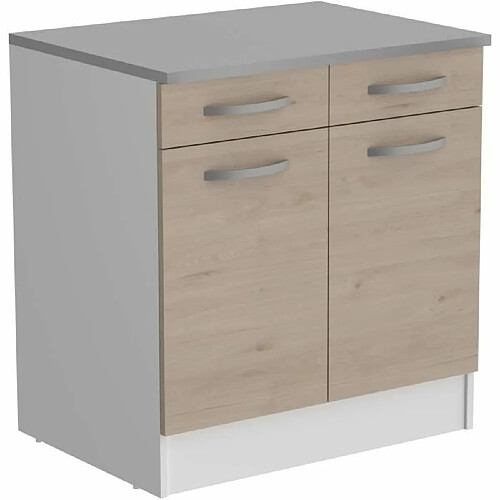 Atma OSLO Meuble Bas 2 portes 2 tiroirs + plan - Décor Chene Jackson - L 80 x P 60 x H 86 cm