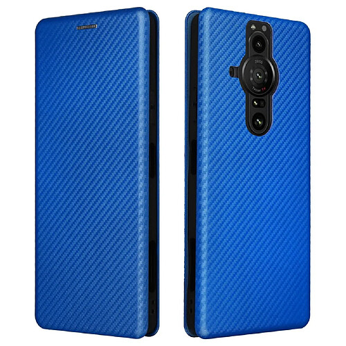 Coque en TPU + PU texture en fibre de carbone, auto-absorbant, fermeture magnétique avec support et lanière bleu pour votre Sony Xperia Pro-I