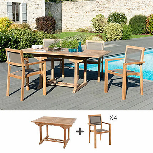 Mes Ensemble table 120 cm + 4 fauteuils en teck et textilène - GARDENA