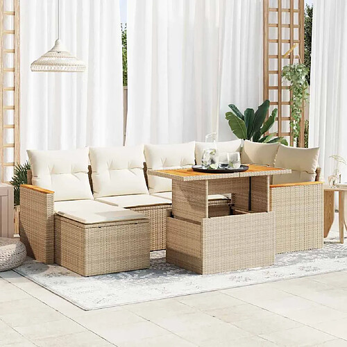 vidaXL Salon de jardin avec coussins 7 pcs beige résine tressée acacia