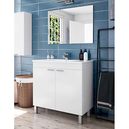 Dansmamaison Meuble sous vasque 2 portes 80 cm + vasque + miroir Blanc - TICLY