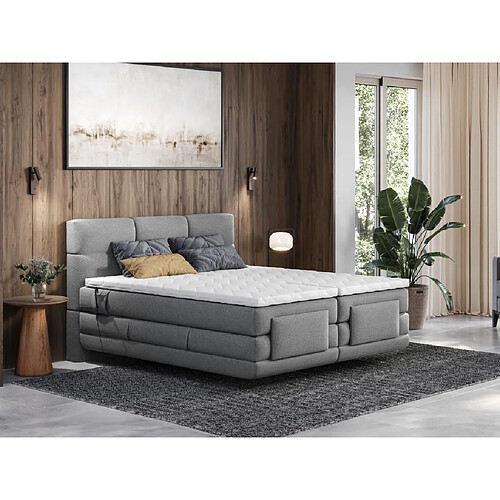 Vente-Unique Ensemble complet boxspring tête de lit capitonnée + sommiers relaxation électrique + matelas + surmatelas - 2 x 80 x 200 cm - Tissu - Gris clair - LODI de PALACIO