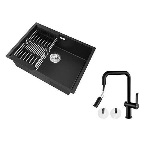 Auralum Max Évier Cuisine 1 Bac 60*44*20CM,inox 304,à Encastrer/sous-plan avec Panier Drainage,Noir+Robinet Cuisine avec Douchette Extractible,Noir